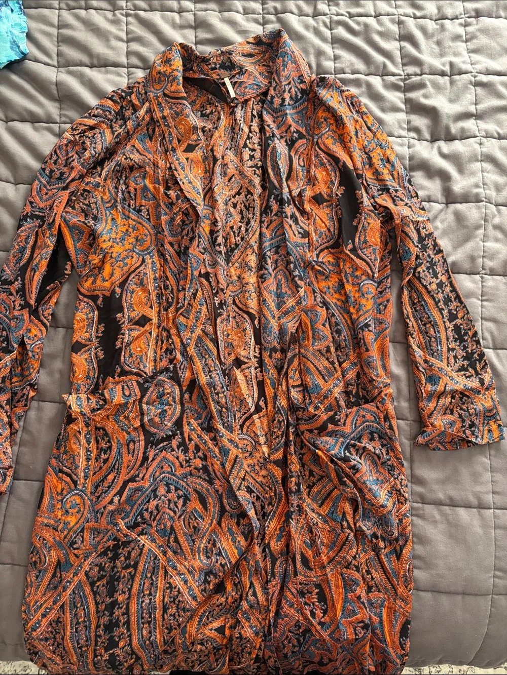 Free People Women’s Orange and Black Paisley Long Duster